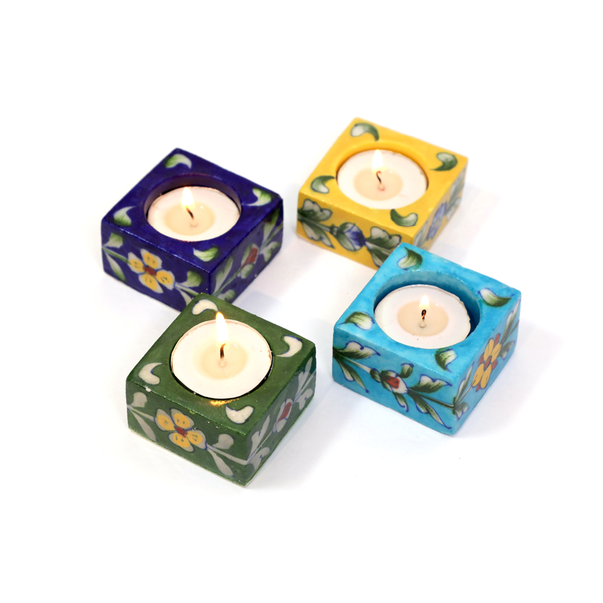 Blue Pottery Tea Light Holders (Set of 4) Red Earth